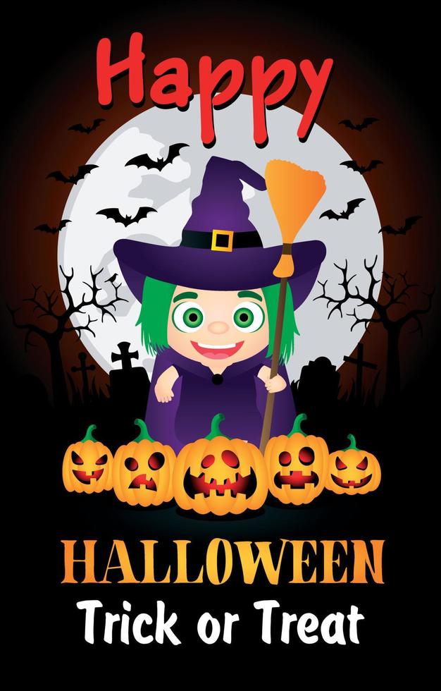cartel de truco o trato de feliz halloween con niño disfrazado de bruja. tarjeta de felicitación de halloween vector