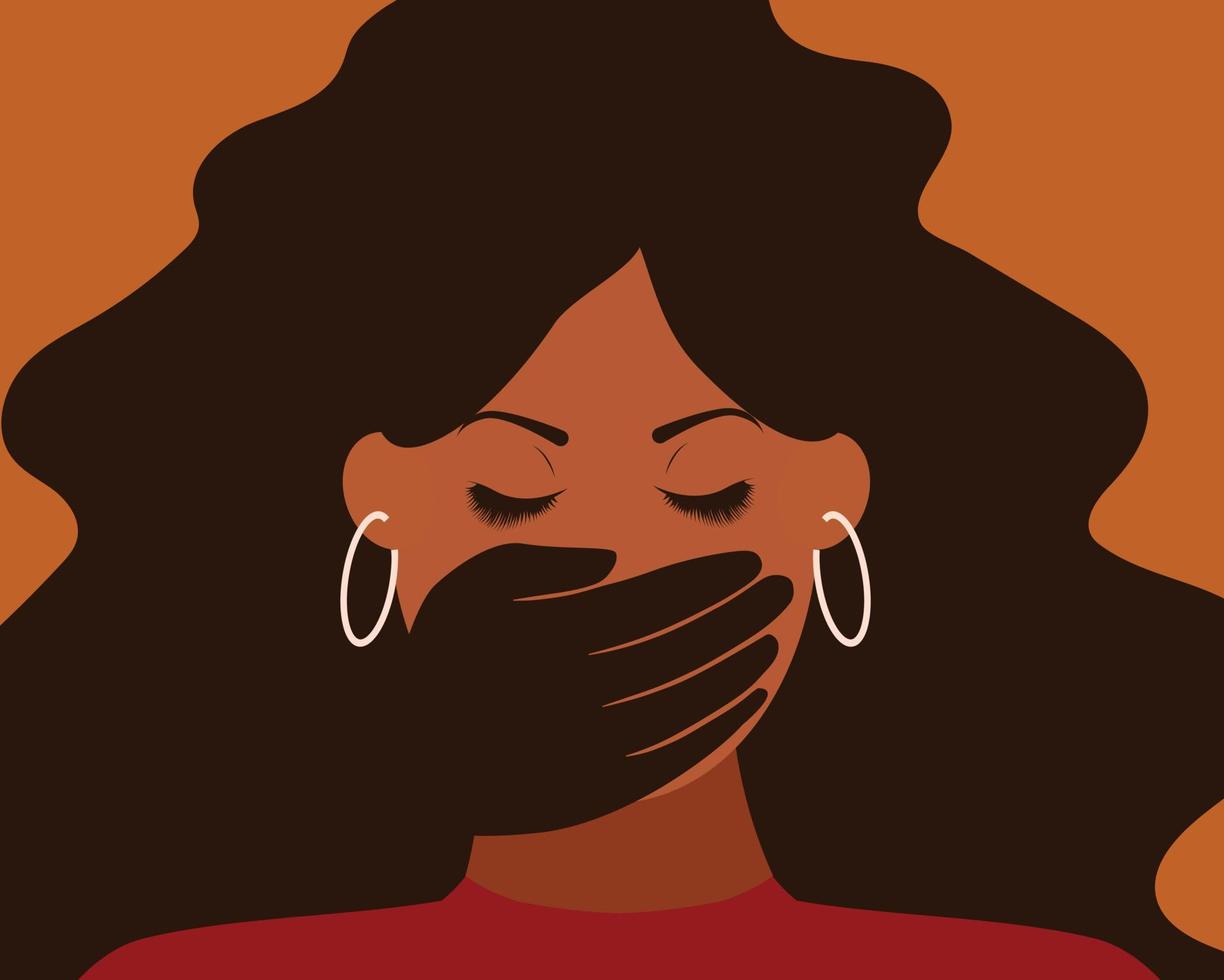 la mujer afroamericana es acosada por personas que necesitan ayuda. víctima de acoso sexual rodeada de una mano. mujer negra estrangulada por un matón. detener el acoso, la violencia y el abuso contra las mujeres. vector