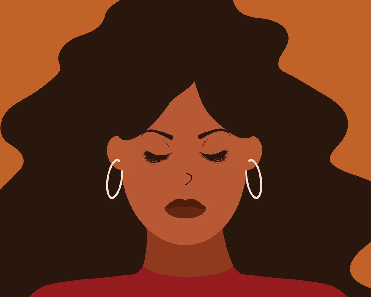 Portrait of African American woman with closed eyes feels depression. Stressed black girl suffers from oppression, inequality and discrimination. Mental health, women's rights, gender equality concept vector