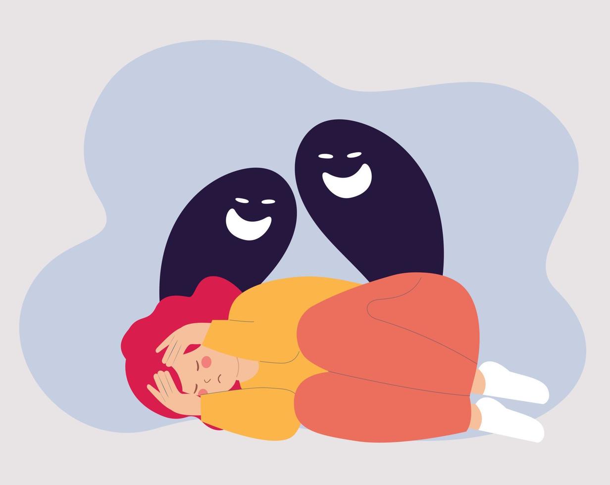 Scared woman lying on the ground with Schizophrenia. Schizophrenic teenage girl looks scared and terrified. Female has anxiety, fear and panic. Concept of Split Personality, phobias and mental health. vector