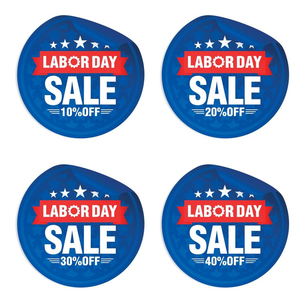 Labor day sale blue stickers set with red ribbon. Sale 10, 20, 30, 40 percent off vector