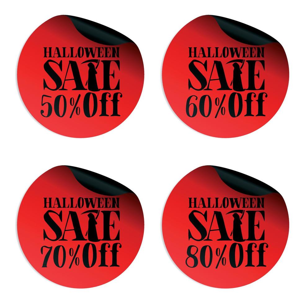 Red Halloween sale stickers set with scytheman 50, 60, 70, 80 percent off vector