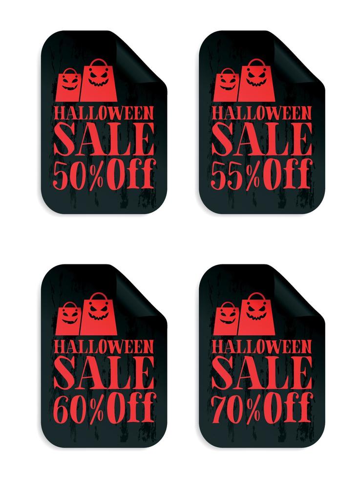 pegatinas de venta negra de halloween con bolsas de compras aterradoras. venta de halloween 50, 55, 60, 70 de descuento vector