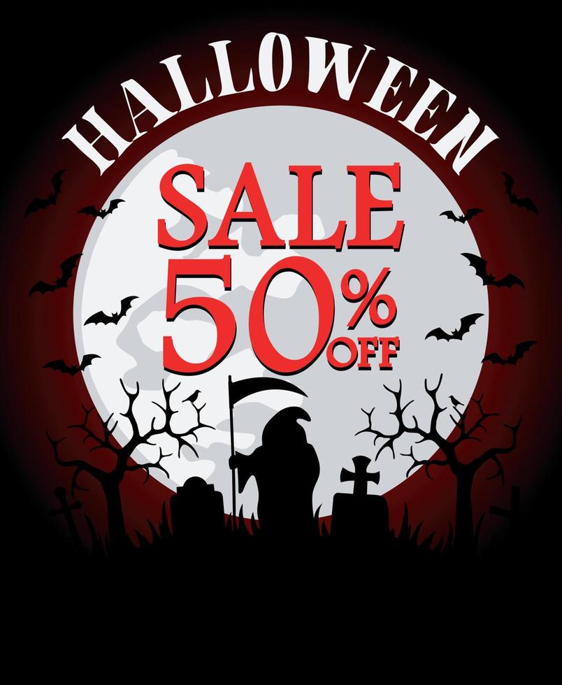 Halloween sale background with grim Reaper 50 off vector