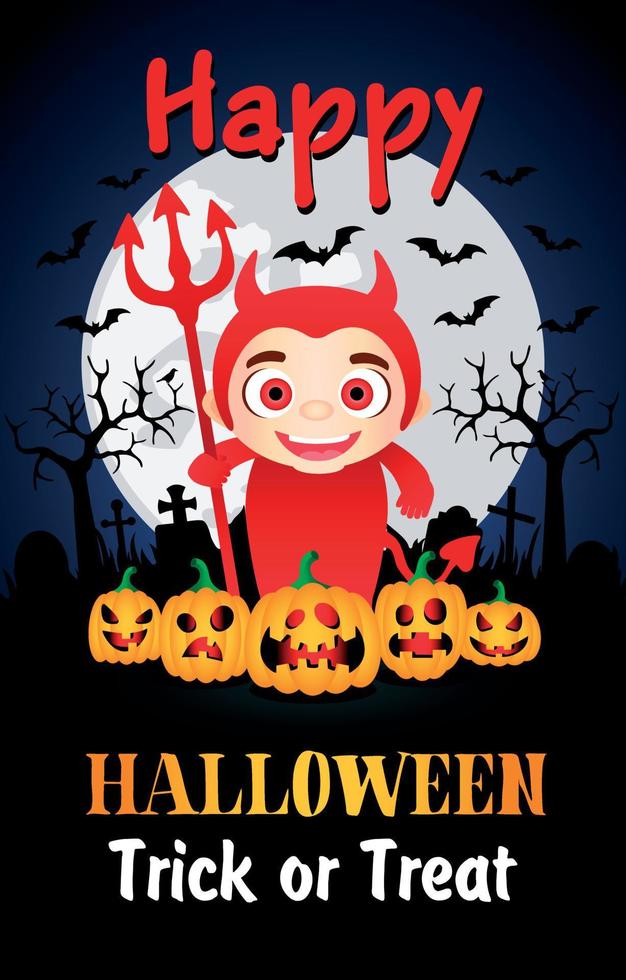 Happy Halloween Trick or Treat poster with kid in costume devil. Halloween greeting card vector