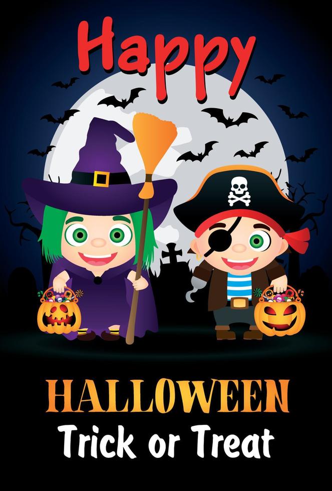 Happy Halloween Trick or Treat poster with kids in costumes witch and pirate. Halloween greeting car vector