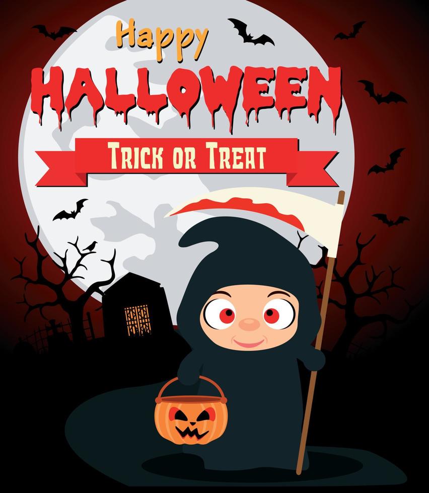 fondo de halloween con disfraz de guadaña infantil vector