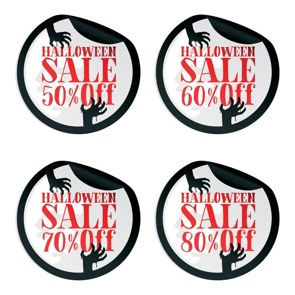 Black Halloween sale stickers set with zombie hands 50, 60, 70, 80 percent off vector