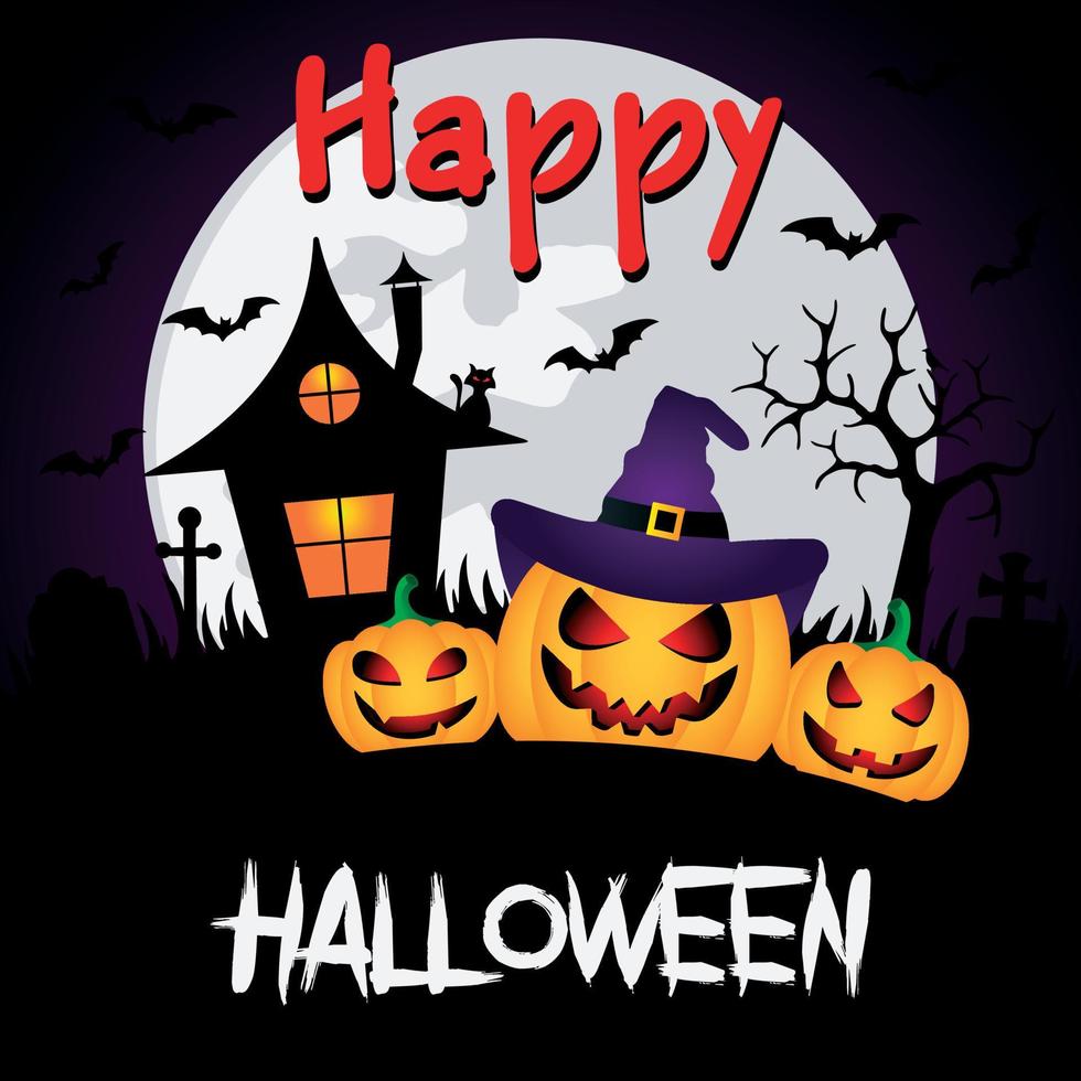 Happy Halloween background with three funny pumpkins and witch's house vector