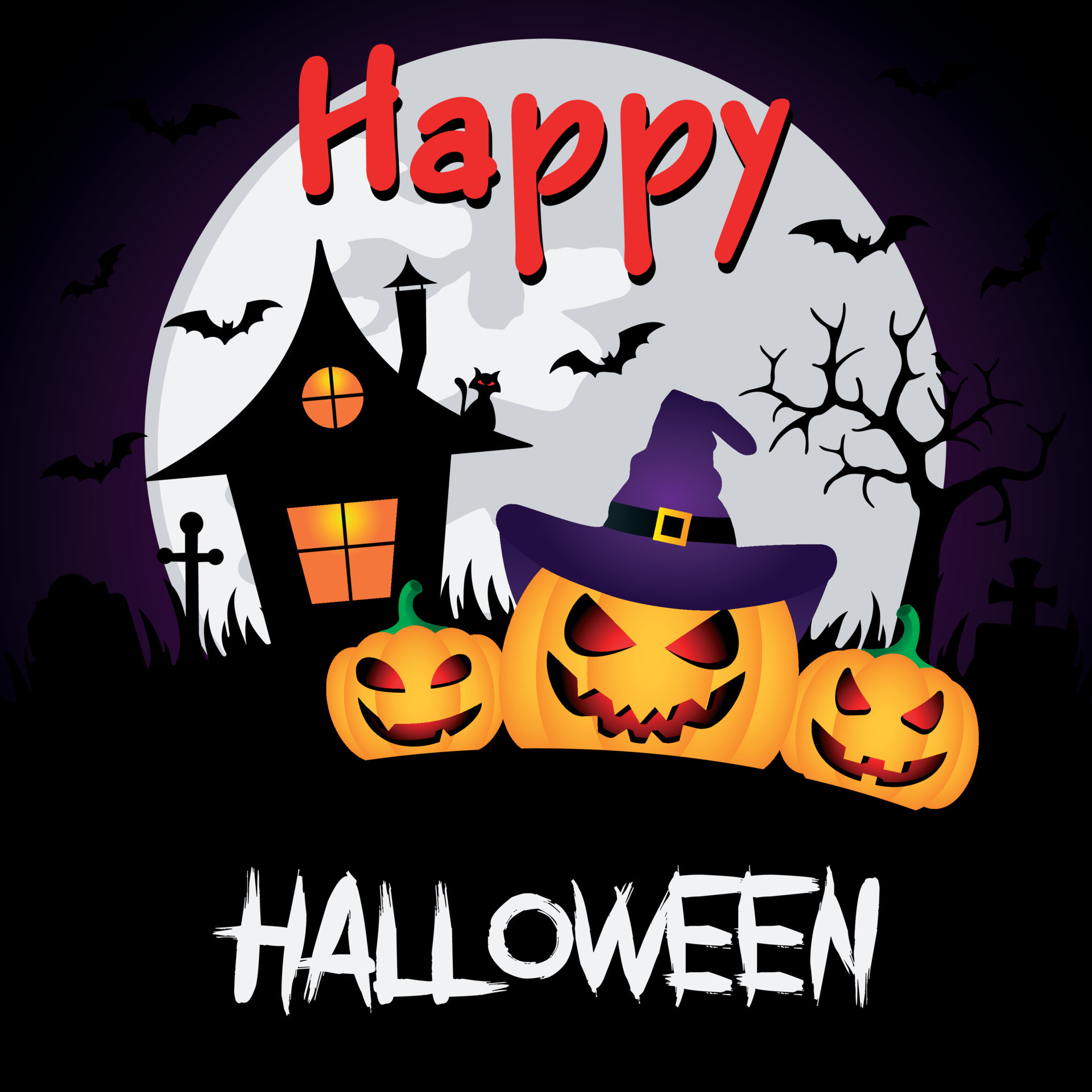Happy Halloween background with three funny pumpkins and witch's house
