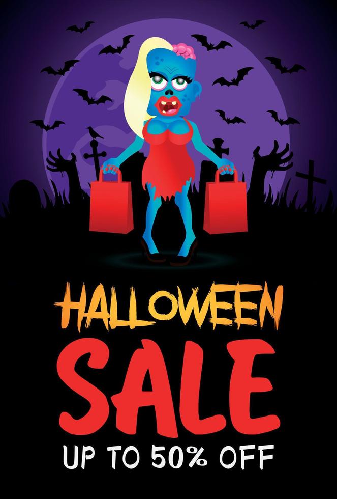 Halloween sale poster, banner with funny zombie girl. Sale Halloween graphic design vector