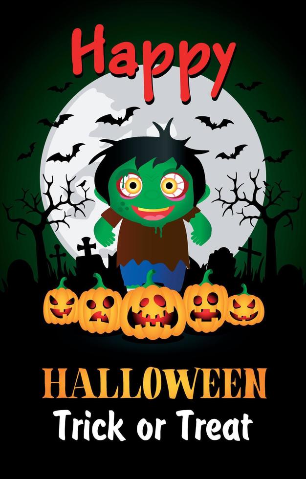 cartel de truco o trato de feliz halloween con niño disfrazado de zombi. tarjeta de felicitación de halloween vector