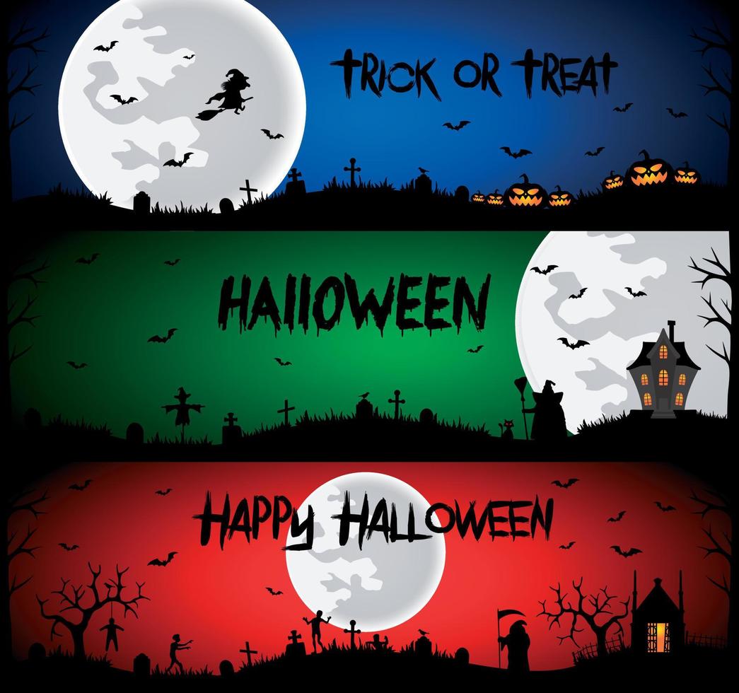Set of halloween greetings banners with pumpkins, zombies and witch vector