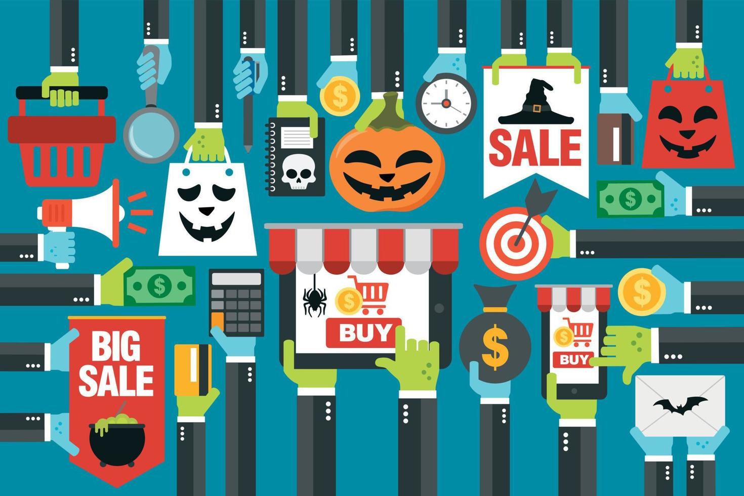 concepto de diseño de venta de halloween plano, con computadora portátil, compras en línea con teléfonos inteligentes vector