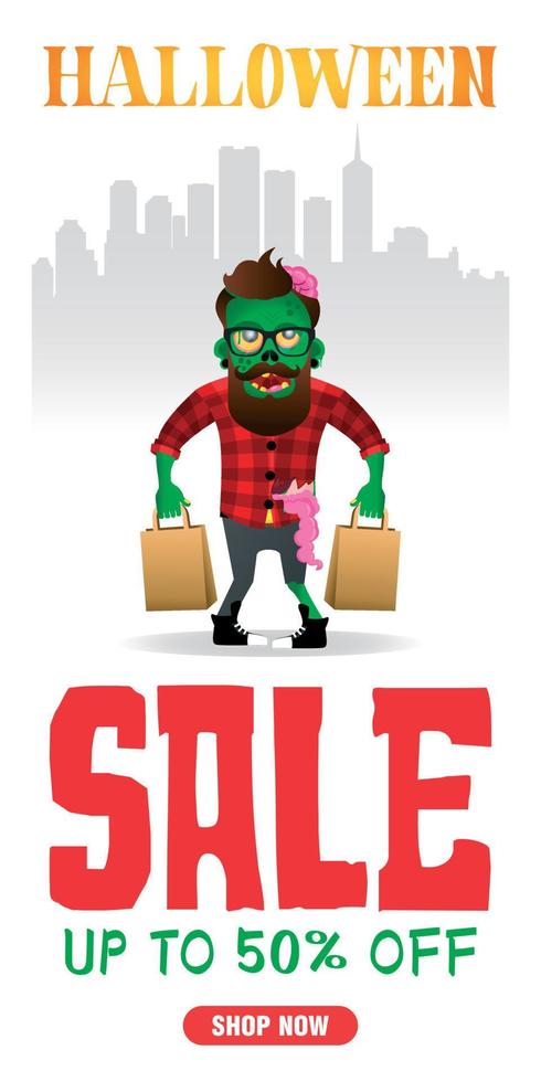 Halloween sale white poster, banner with funny zombie hipster. Sale up to 50 off. Sale Halloween graphic design vector