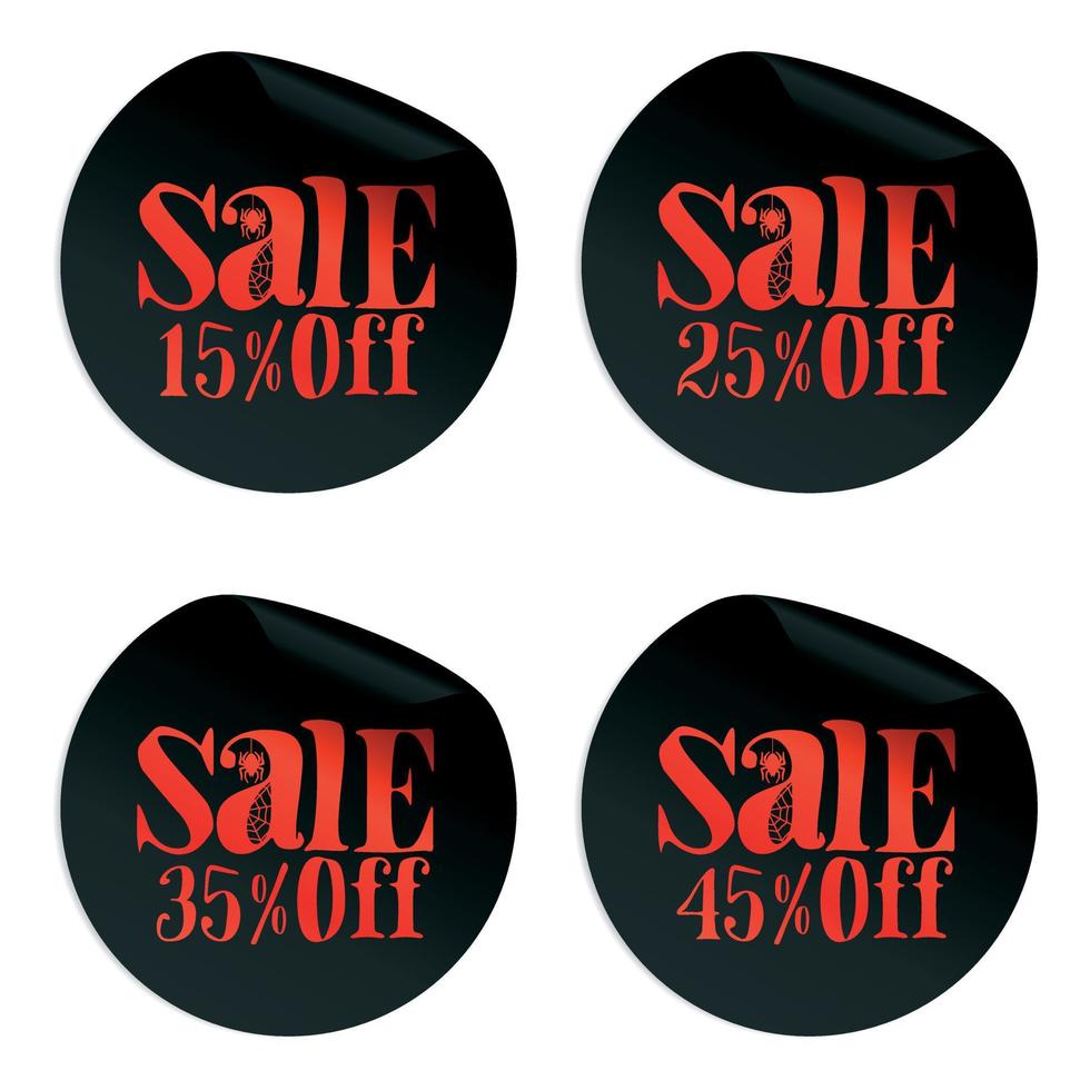 Black Halloween sale stickers set with spider 15, 25, 35, 45 percent off vector