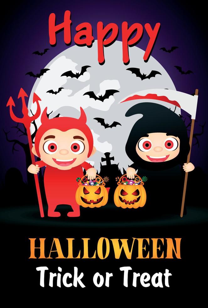 cartel de truco o trato de feliz halloween con niños disfrazados de diablo y parca. tarjeta de felicitación de halloween vector