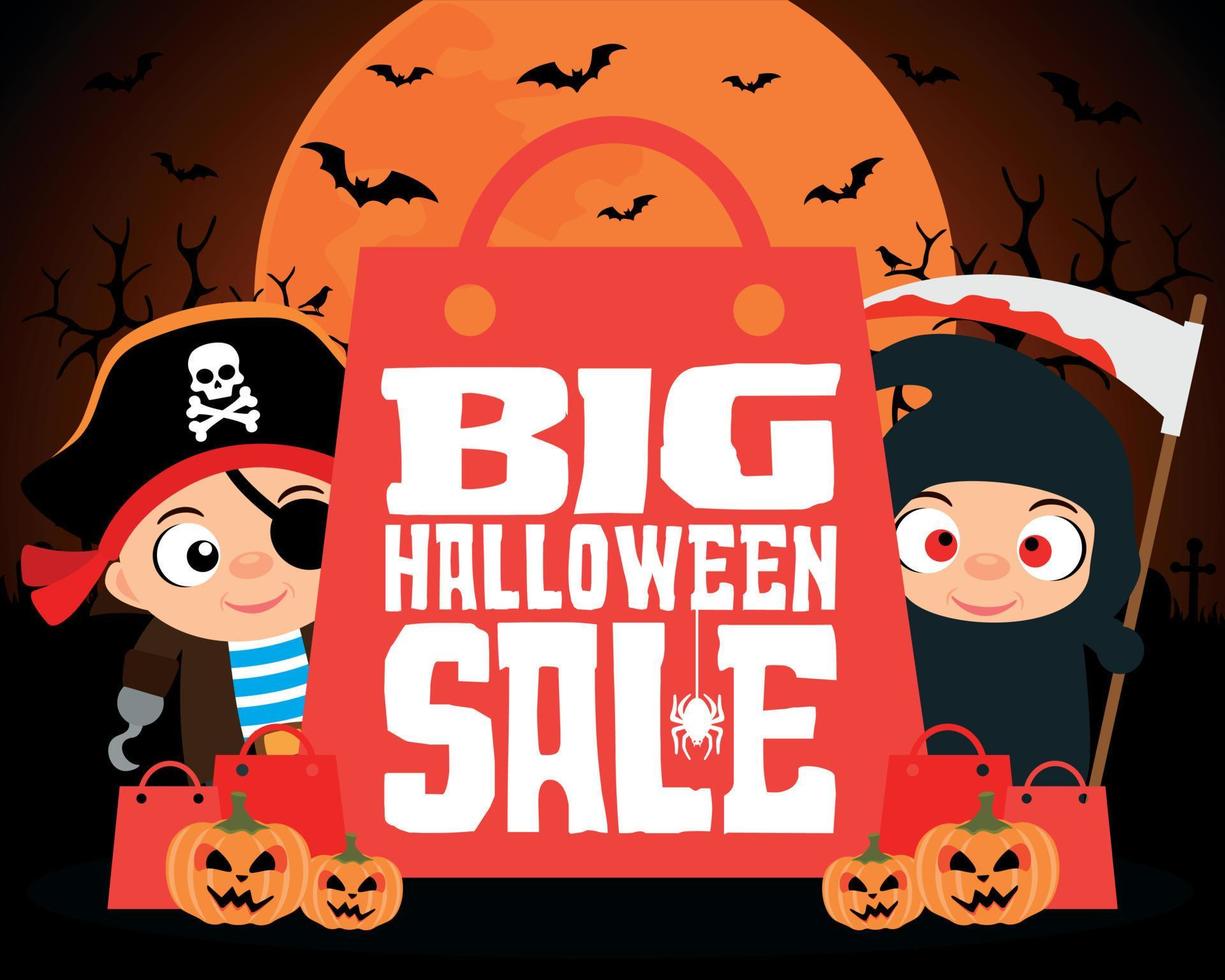 Big Halloween sale design background with kids vector