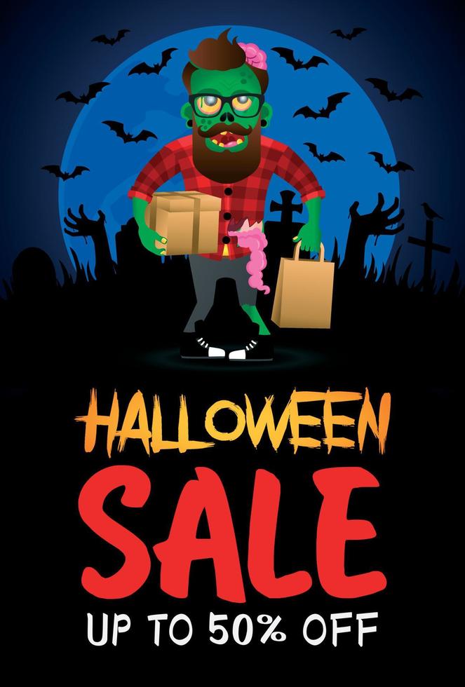 Halloween sale poster, banner with funny zombie hipster. Sale Halloween graphic design vector