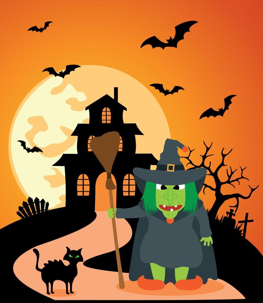 Halloween background with Witch and full moon vector