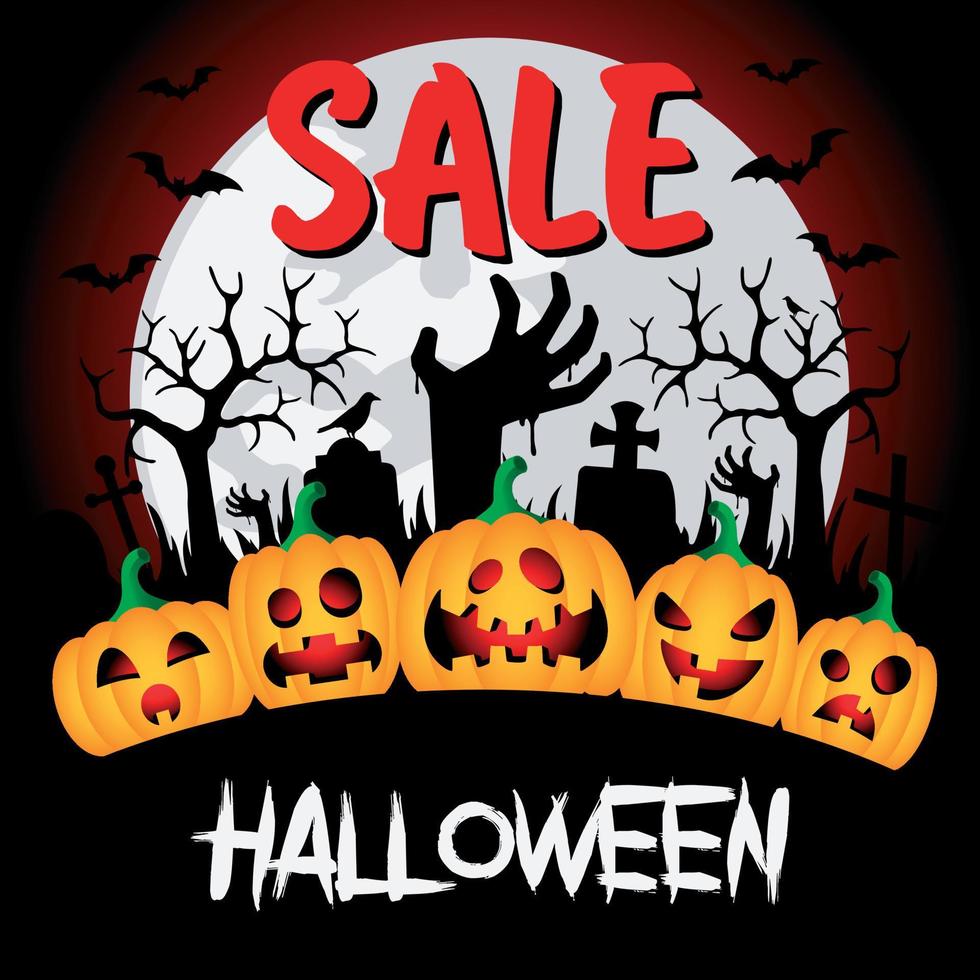Sale Halloween background with funny pumpkins and hands zombie at the cemetery vector