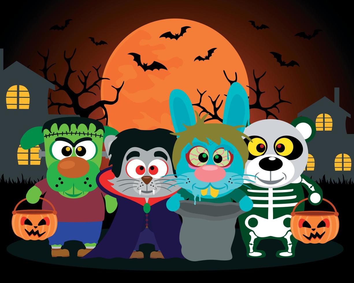 fondo de halloween truco o trato animales en disfraz de halloween vector