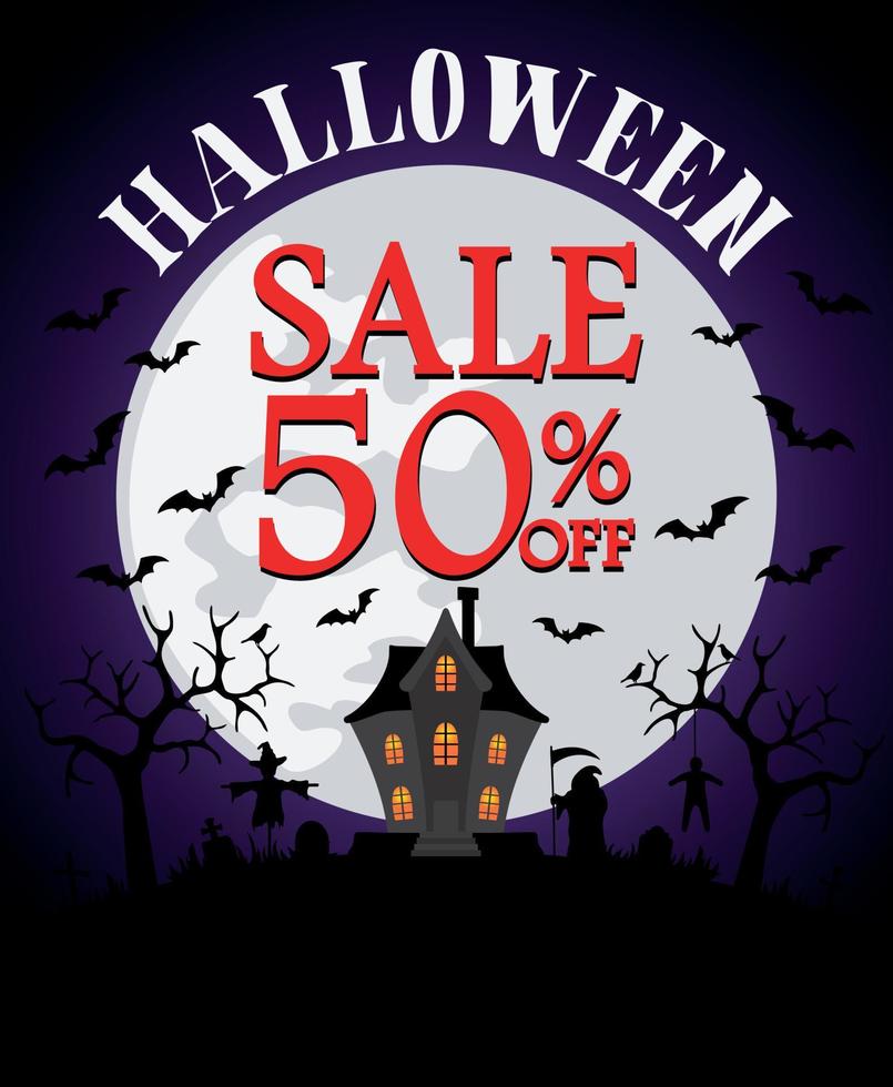 Halloween sale banner design with 50 Discount. Templates of poster with terrible house. Halloween greeting card vector