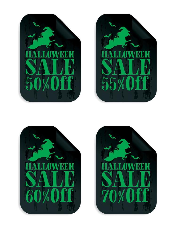 conjunto de pegatinas de venta negra de halloween con bruja. venta de halloween 50, 55, 60, 70 de descuento vector