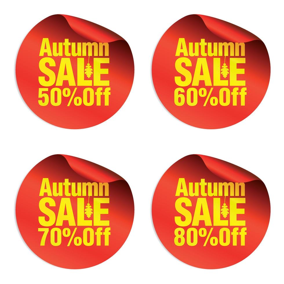 Autumn red sale stickers set 50, 60, 70, 80 percent off vector