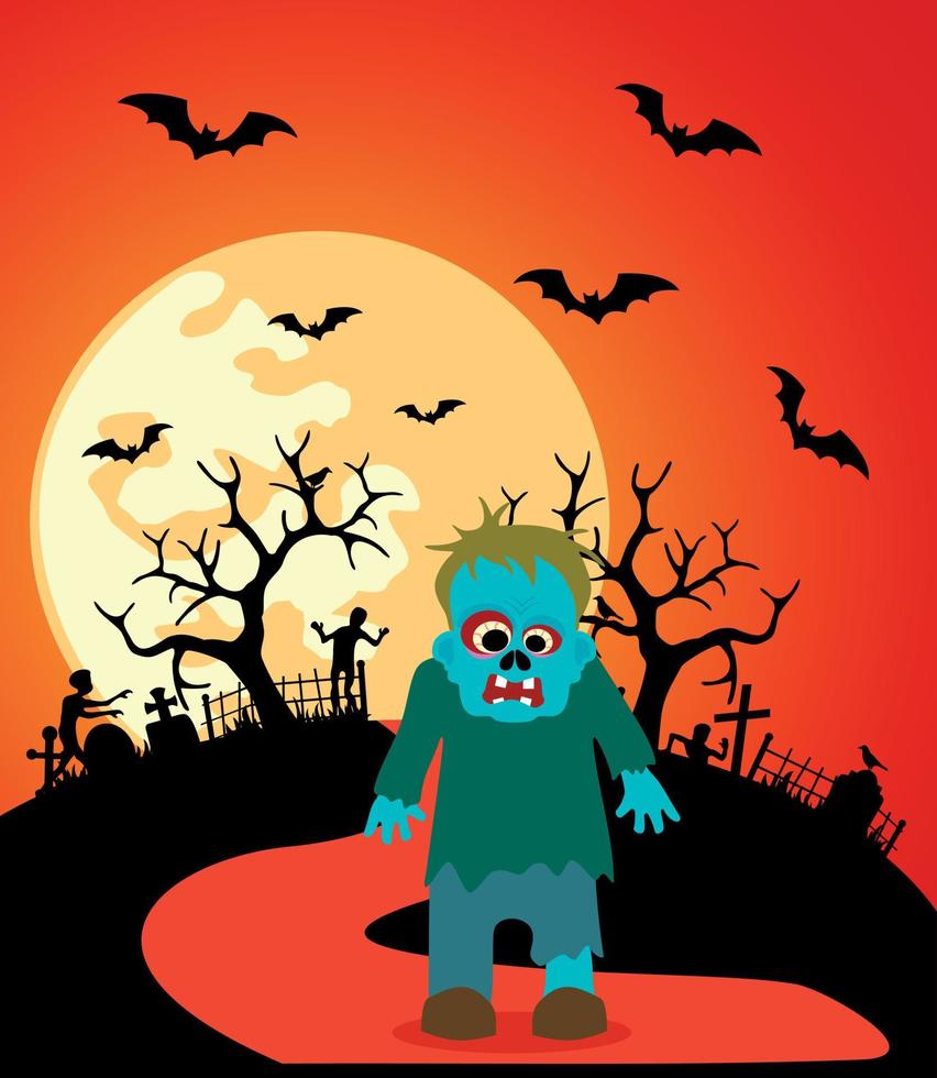 fondo de halloween con zombie y luna llena vector