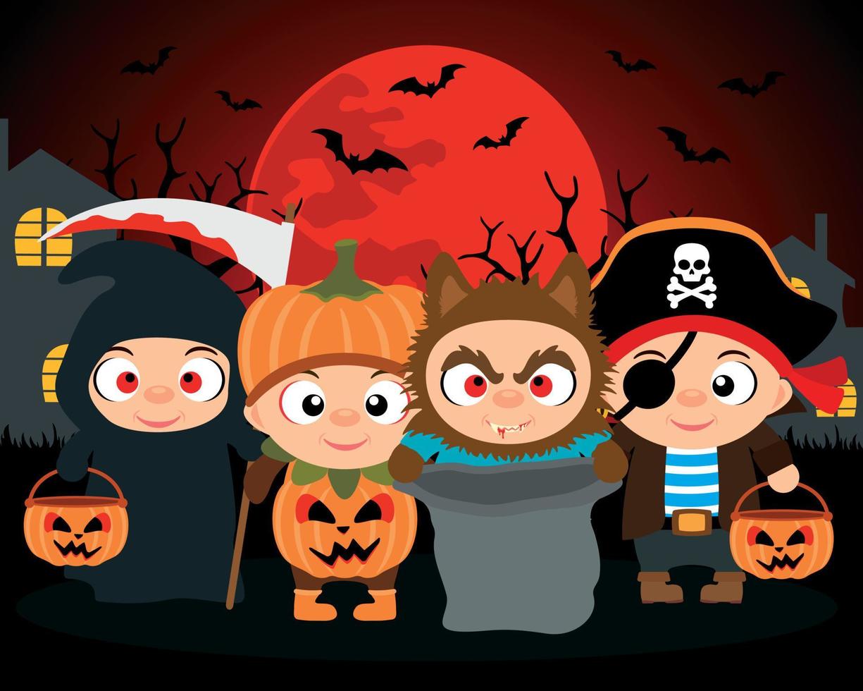 truco o trato, fondo de vector de halloween con niños