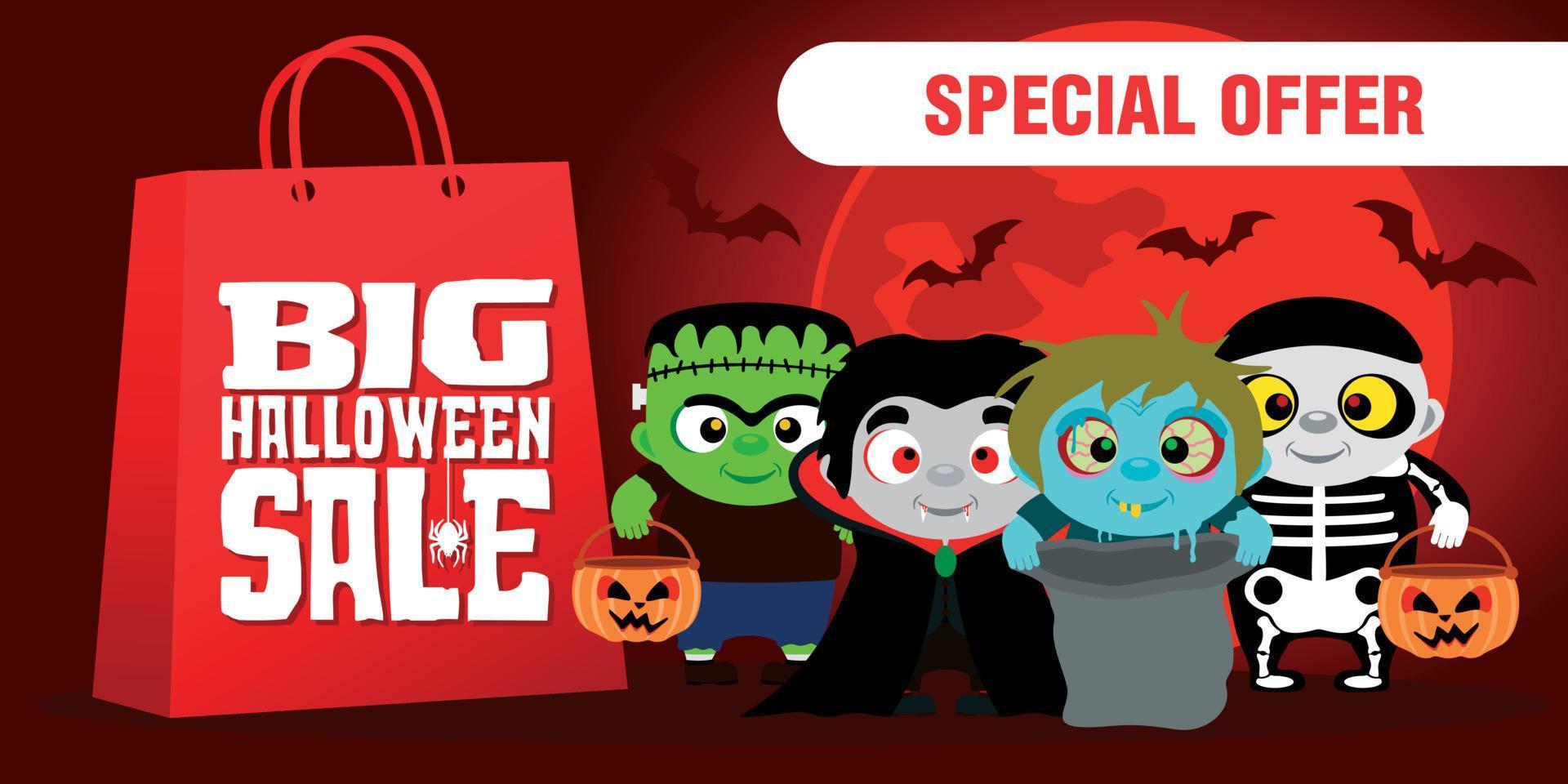 Big Halloween Sale poster or flayer for holiday. Funny kids in Halloween costumes vector