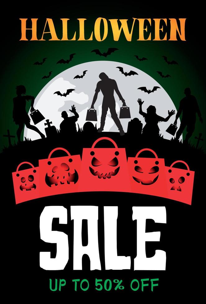 Halloween sale banner design with 50 Discount. Templates of poster with zombies. Halloween greeting card scary funny packages vector