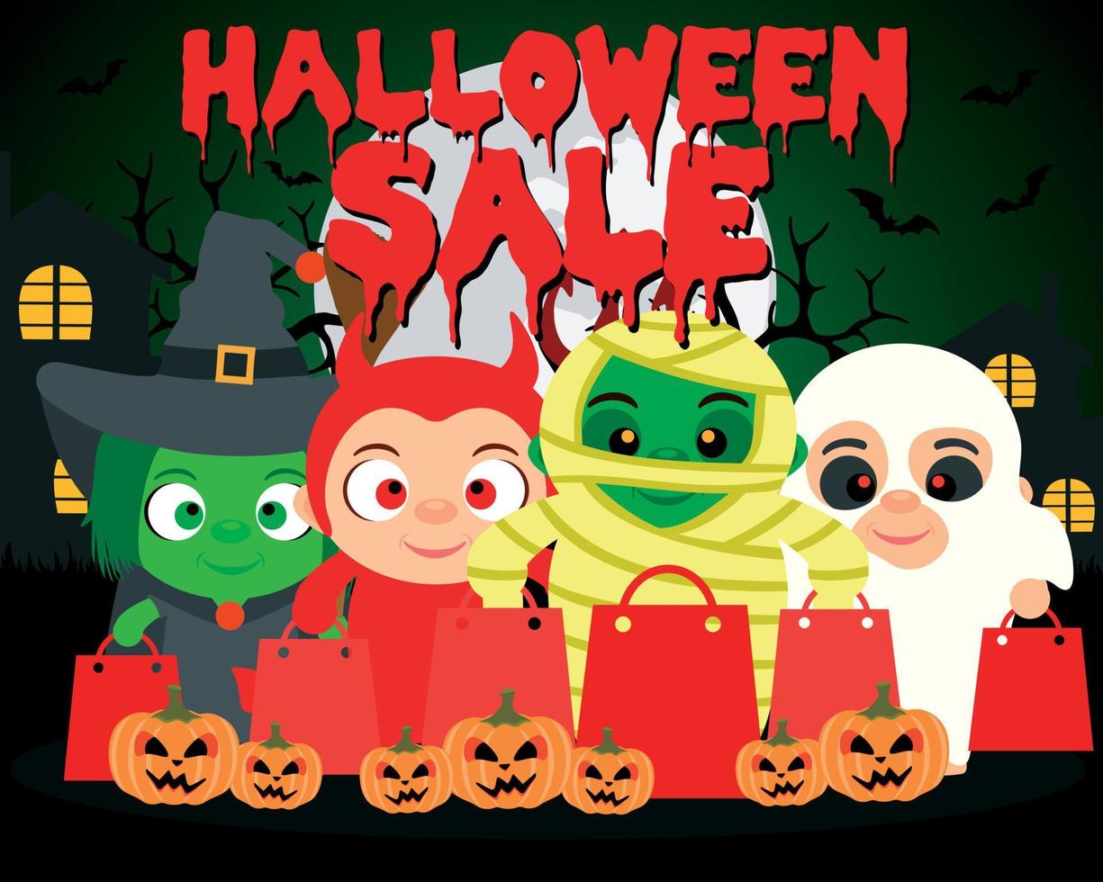 Halloween sale background with  kids in funny halloween costume vector