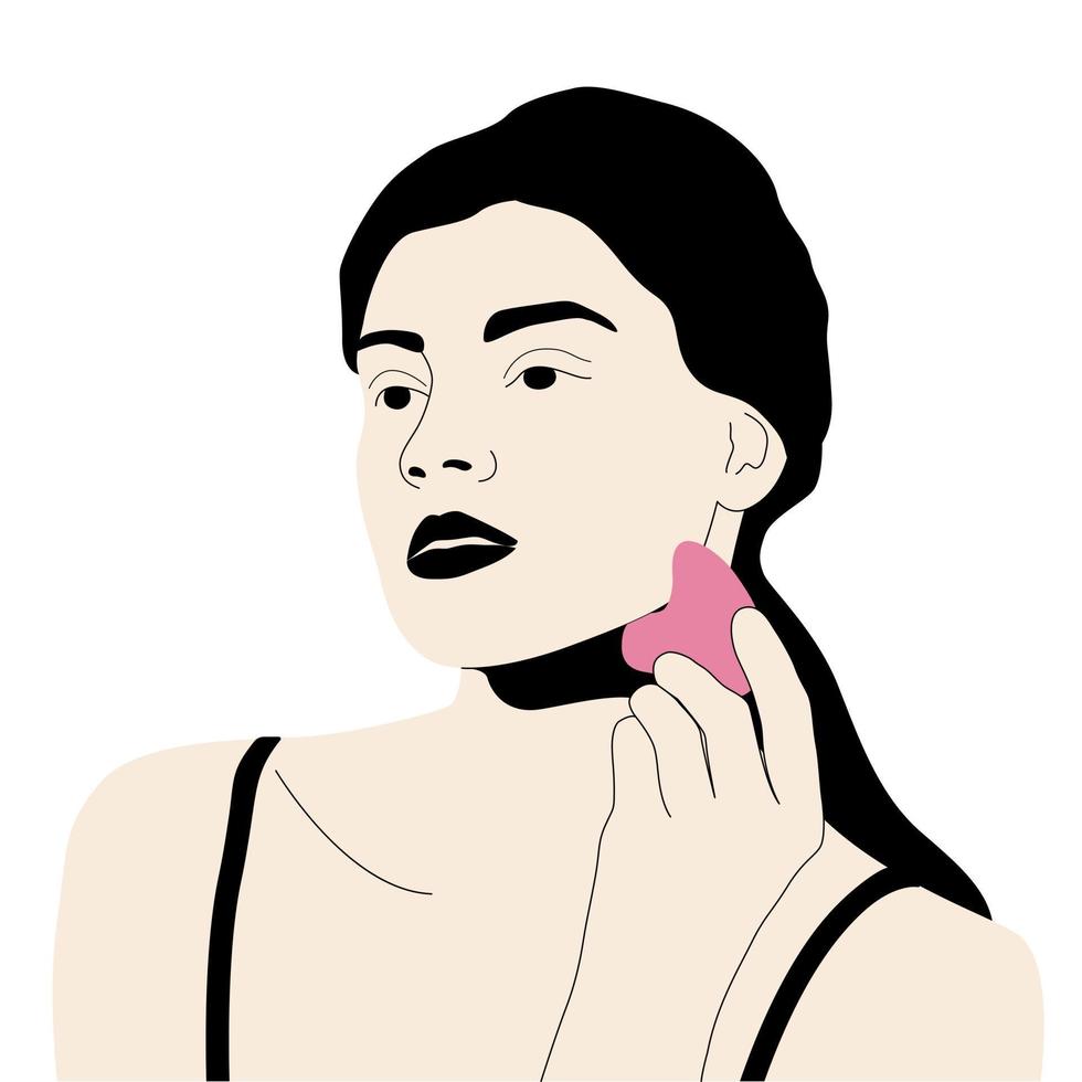 Woman using gua sha, massaging face skin isolated on white background. Black and white illustration. Self quartz massager treatment. Vector illustration