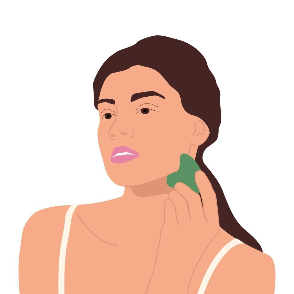 Woman using gua sha, massaging face skin isolated on white background. Self quartz massager treatment. Vector illustration