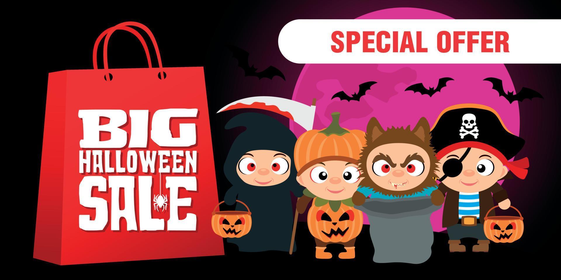 gran cartel de venta de halloween o flayer para vacaciones. niños divertidos en disfraces de halloween. oferta especial diseño gráfico de halloween vector