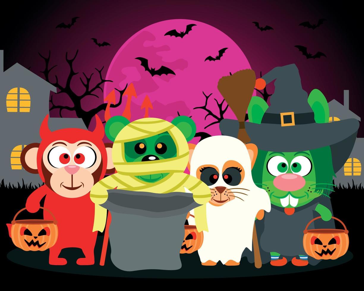 Trick or Treat animals in Halloween costume,vector Halloween background vector