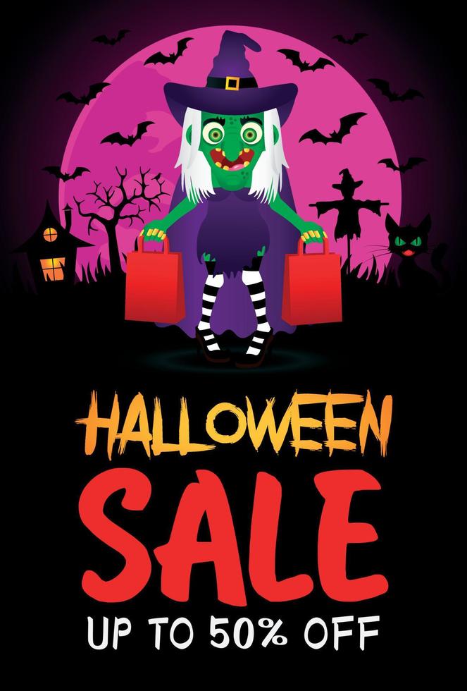 Halloween sale poster, banner with funny scary witch. Sale Halloween graphic design vector