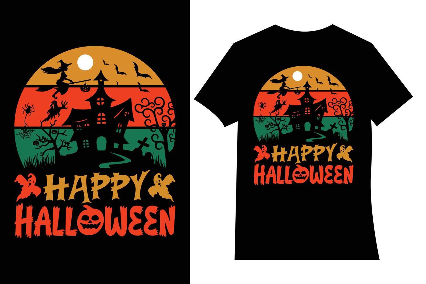 Happy Halloween t-shirt design vector. Vector cartoon style illustration of pumpkin, witch cat, and bats, isolated on white background. Print for t-shirt or poster design. Happy Halloween text.