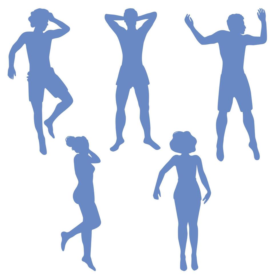 Silhouettes of male and female figures in various relaxed positions, isolated on white background. Full height men and women lying, top view. vector