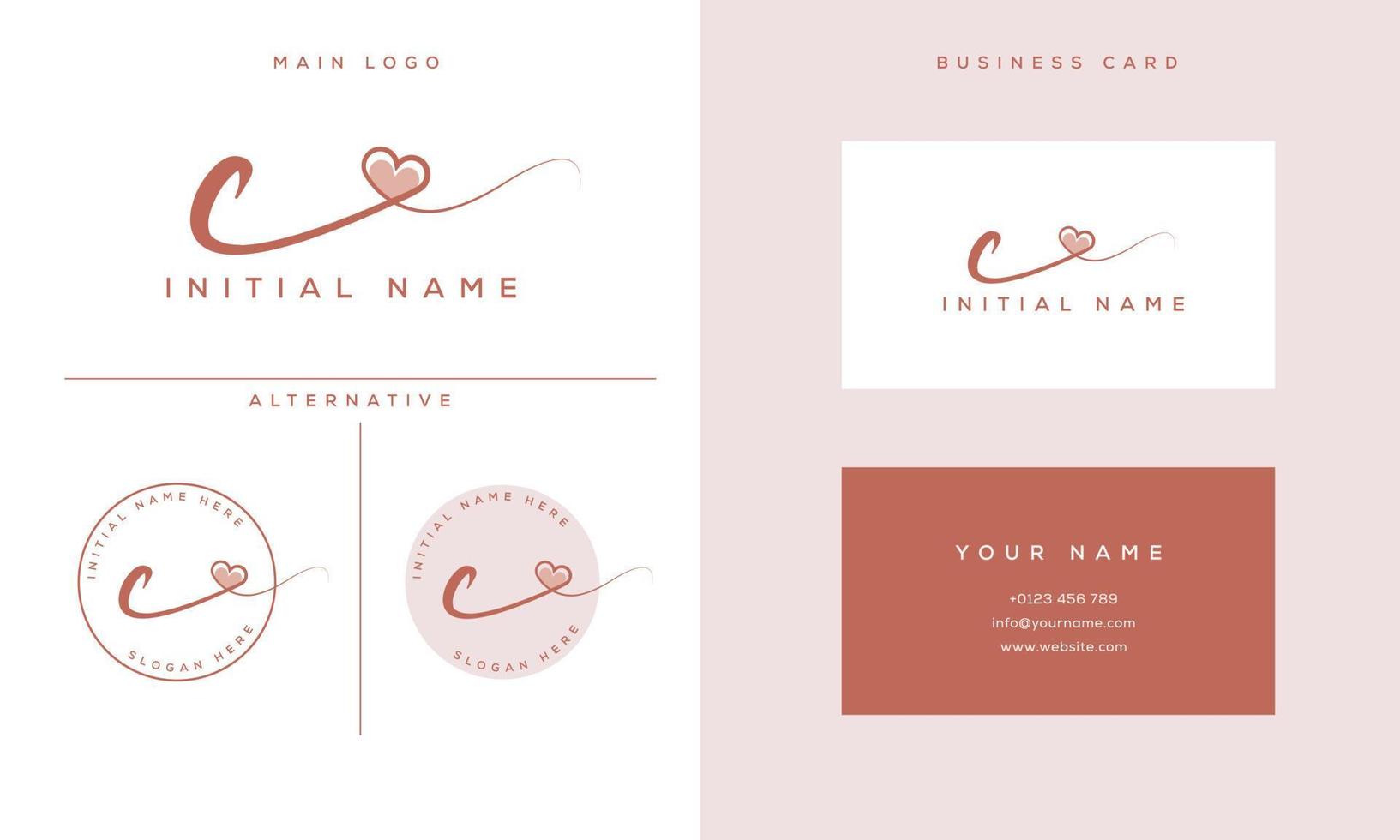 handwriting signature c logo initial with heart shape and business card vector