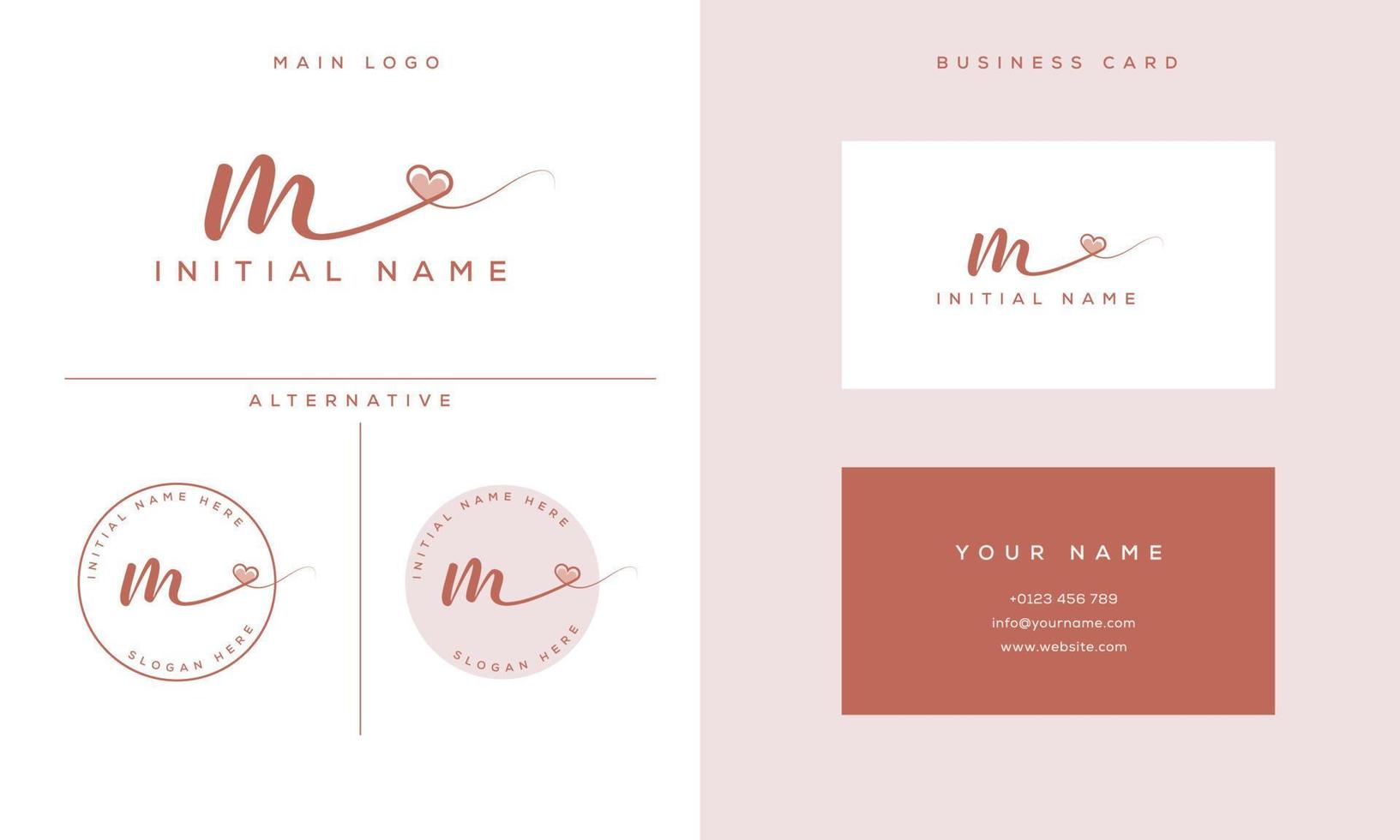 handwriting signature m logo initial with heart shape and business card vector