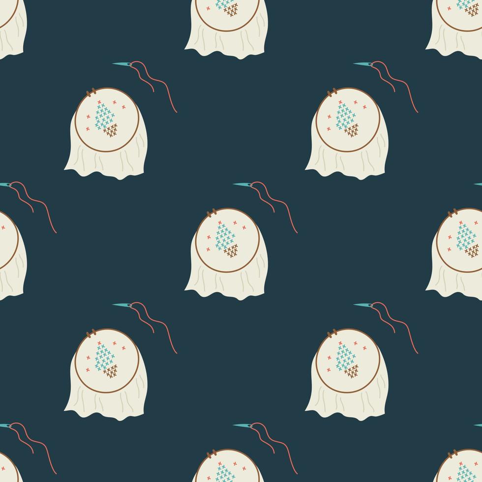 Seamless pattern with embroidery frame and needlework. Flat vector illustration