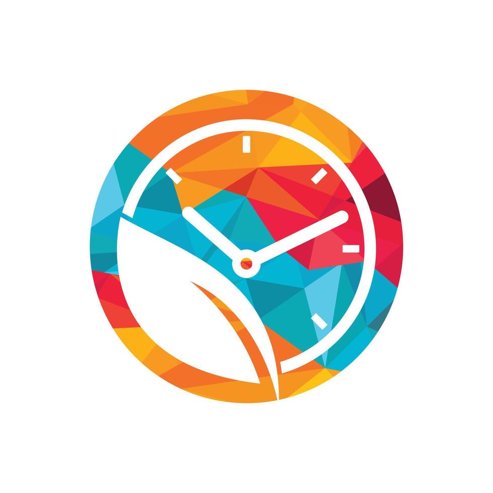 Nature time vector logo design. Vector clock and leaf logo combination.