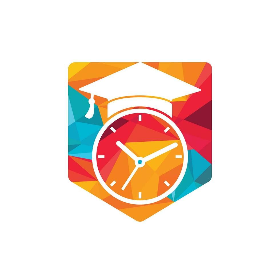 diseño del logotipo del vector de tiempo de estudio. sombrero de graduación con diseño de icono de reloj.