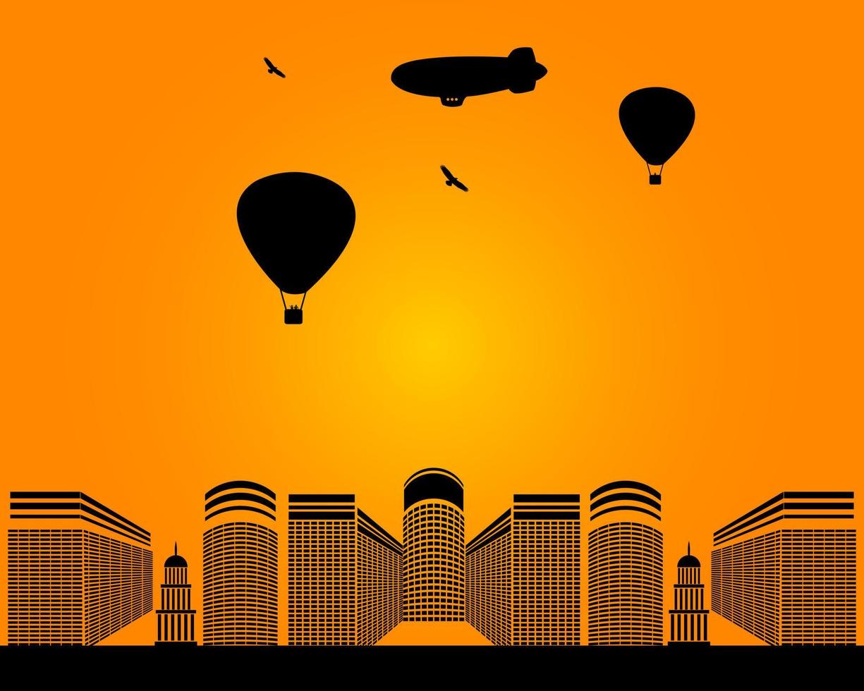 city, buildings zeppelin birds balloons on yellow background vector