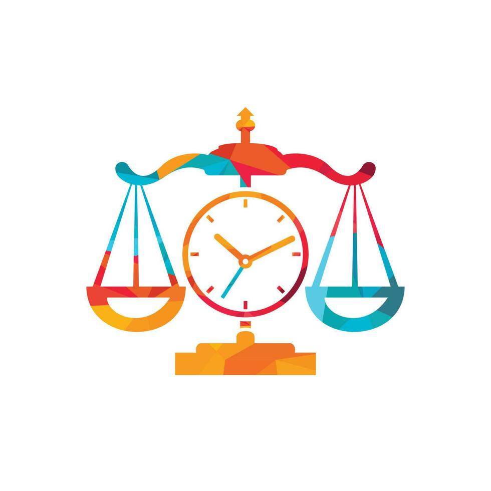 Law time vector logo design. Scale with clock icon vector logo design.
