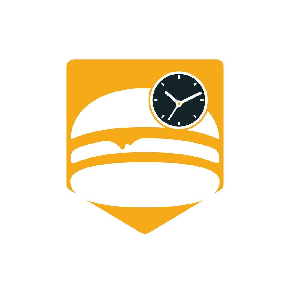 Burger time vector logo design template. Big burger with clock icon logo design.