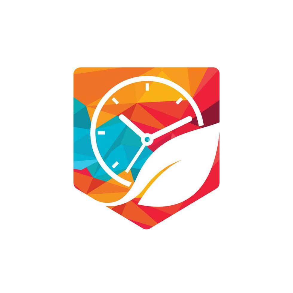 Nature time vector logo design. Vector clock and leaf logo combination